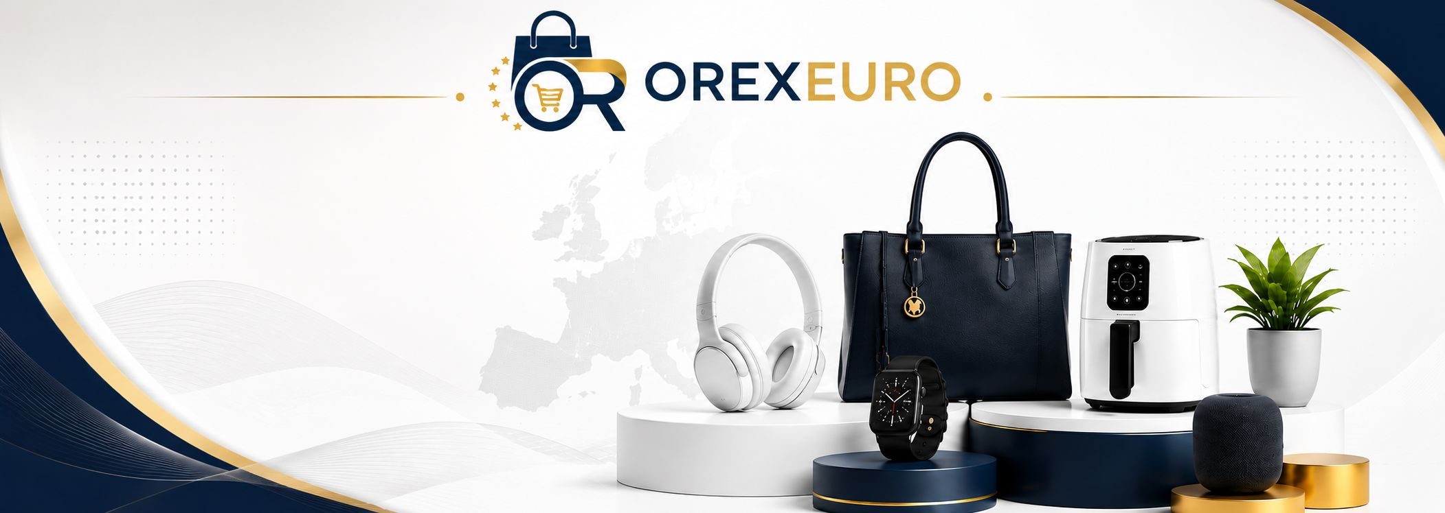 A promotional banner for OREXEURO featuring a collection of lifestyle accessories, including a navy blue leather handbag, white over-ear headphones, a black smartwatch, a white air fryer, and a small potted plant, arranged on pedestals against a white and navy graphic background.