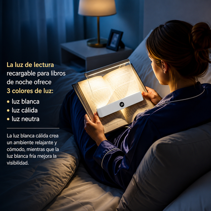 Luz de Lectura LED Recargable para Libros – Lámpara de Lectura Plana con Carga USB, 3 Modos de Color, Temporizador y Protección Ocular.