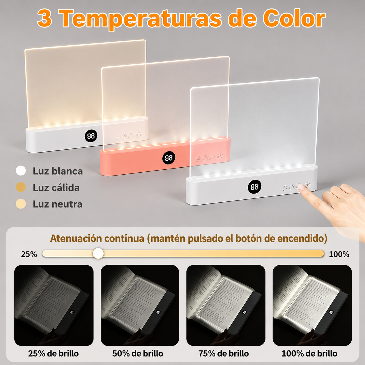 Luz de Lectura LED Recargable para Libros – Lámpara de Lectura Plana con Carga USB, 3 Modos de Color, Temporizador y Protección Ocular.