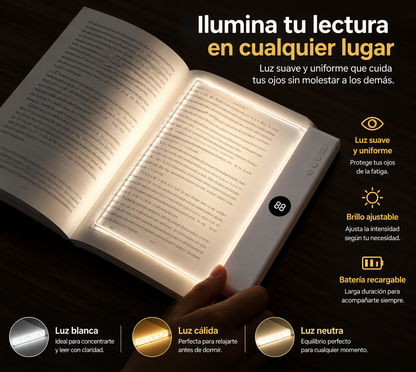 Luz de Lectura LED Recargable para Libros – Lámpara de Lectura Plana con Carga USB, 3 Modos de Color, Temporizador y Protección Ocular.
